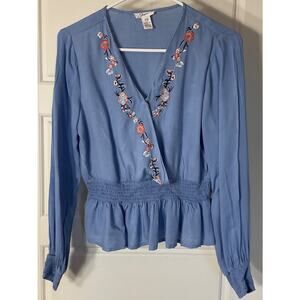 Japra Surplice Denim Blue LongSleeve Embroidered Smocked WaistFloral Blouse XS